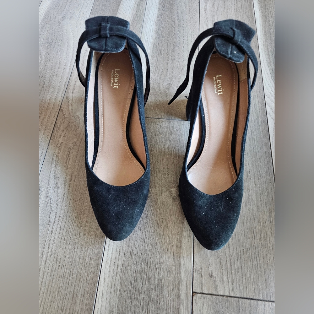 LEWIT genuine suede dark navy blue ankle buckle strap chunky heels made in italy